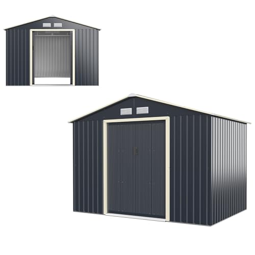 HOMASIS Gerätehaus Metall, Geräteschuppen mit Satteldach & 4 Lüftungsfenster & 2 Schiebetür, Gartenhaus Gartenschuppen Gartenhütte Metallschuppen Metallhaus Outdoor Wetterfest, Grau (277x191x202cm) von HOMASIS