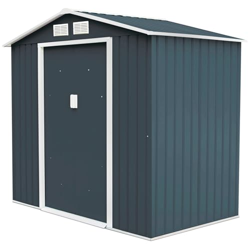 HOMASIS Gerätehaus Metall, Geräteschuppen mit Satteldach & Fundament, Gartenhaus groß Stauraum, wetterfest Gartenschuppen mit 4 Fenster & 2 Schiebetür, Gartenhütte 213x127x185cm Outdoor (Dunkelgrau) von HOMASIS
