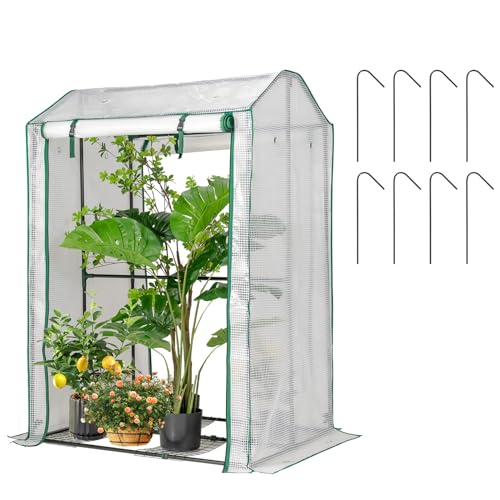 HOMASIS Gewächshaus, Foliengewächshaus mit Rolltor, 100x81x150cm, kleines Gartengewächshaus für Pflanzen, Treibhaus aus PE Gitterfolie & Metall, Gartenhaus für Garten, Balkon, Terrasse (transparent) von HOMASIS