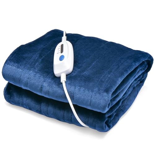 HOMASIS Heizdecke, elektrisch Wärmeunterbett mit Abschaltautomatik, 4 Wärmestufen, 8-Stunden-Timer, PTC/NTC Überhitzungsschutz, Fernbedienung, maschinenwaschbar Wärmedecke Flanell (Blau, 130x180cm) von HOMASIS