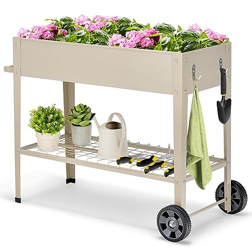 HOMASIS Hochbeet mit Ablage aus Netz & 2 Rollen, Blumenbeet aus Metall, erhöhtes Gartenbeet mit 2 Haken & Griff, Frühbeet Blumenkasten hoher Rollwagen für Garten Balkon Terrasse, 95 x 40 x 80cm, Beige HOMASIS Hochbeet mit Ablage aus Netz & 2 Rollen, Blumenbeet aus Metall, erhöhtes Gartenbeet mit 2 Haken & Griff, Frühbeet Blumenkasten hoher Rollwagen für Garten Balkon Terrasse, 95 x 40 x 80cm, Beige von HOMASIS
