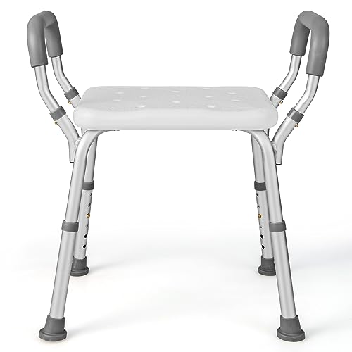 HOMASIS Höhenverstellbarer Duschhocker, 100kg Tragkraft, gepolsterter Badehocker mit abnehmbaren Armlehnen, Duschbank aus Aluminium, Duschstuhl mit rutschfesten Gummifüßen (Grau, 59x34x54-67cm) von HOMASIS