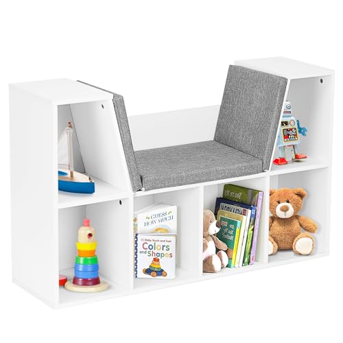 HOMASIS Kinderregal mit Kissen, Bücherregal mit 6 Würfeln, Spielzeugregal aus Holz, Aufbewahrungsregal für Kinderzimmer, Schlafzimmer, Wohnzimmer, belastbar 80kg, 103 x 30 x 63 cm (Weiß) von HOMASIS