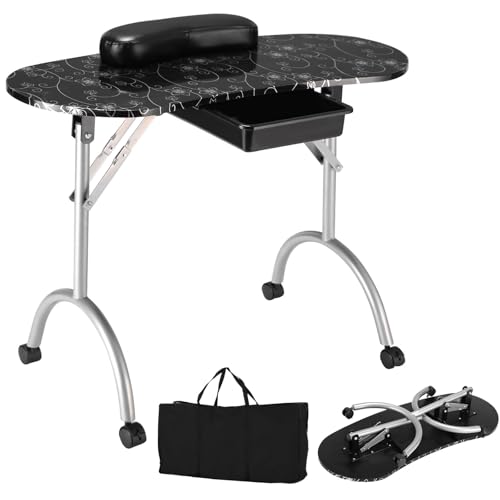 HOMASIS Klappbarer und abnehmbarer Maniküre-Tisch mit Handgelenkstütze und Schublade, Kosmetik-Schreibtisch mit Aufbewahrungstasche für Schönheitssalons, Zuhause, 90 x 37 x 69 cm, Schwarz von HOMASIS