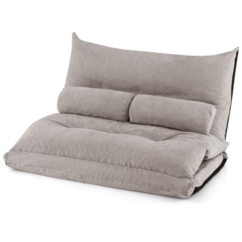 HOMASIS Klappbares Bodensofa, Schlafsofa mit 42 Ebenen verstellbarer Rückenlehne, Schlafsofa mit 2 Lendenkissen, Schlafsofa, Klappsessel für Wohnzimmer und Schlafzimmer, 180 x 110 x 18 cm (Grau) von HOMASIS