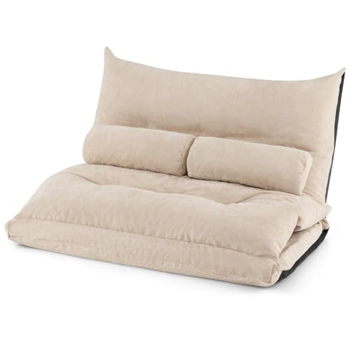 HOMASIS Klappbares Bodensofa, Schlafsofa mit Rückenlehne auf 42 Ebenen verstellbar, Schlafsofa mit 2 Lendenkissen, Schlafsofa, Klappsessel für Wohnzimmer und Schlafzimmer, 180 x 110 x 18 cm (Beige) von HOMASIS