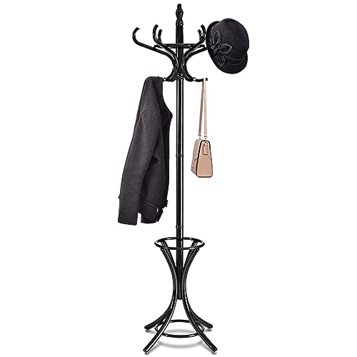 HOMASIS Kleiderständer aus Massivholz mit 12 Haken - Schrank für Kleidung, Hüte - Für Flur, Eingang, Büro - 51 x 184 cm (Schwarz) von HOMASIS