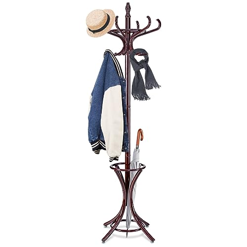 HOMASIS Kleiderständer aus Massivholz mit 12 Haken - Schrank für Kleidung, Hüte - für Flur, Eingang, Büro - 51 x 184 cm (Braun) von HOMASIS