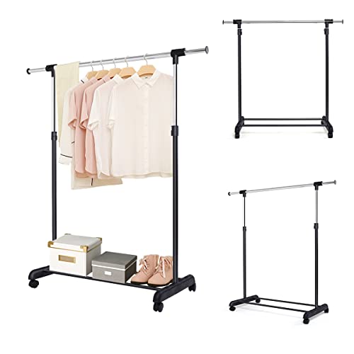 HOMASIS Kleiderständer höhenverstellbar, Kleiderstange auf Rollen, Garderobenständer mit Schuhablage, Garderobe aus Stahl, Rollgarderobe Ausziehbar, Clothes Rack Kleiderwagen stabil (Modell 1) von HOMASIS