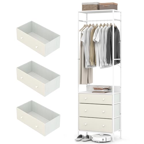 HOMASIS Kleiderständer mit 3 Schubladen & Ablage, offener Garderobenständer aus Holz & Metall, Freistehende Garderobe mit Kleiderstange für Schlafzimmer, Wohnzimmer & Flur, 55x28x176cm (Weiß) von HOMASIS