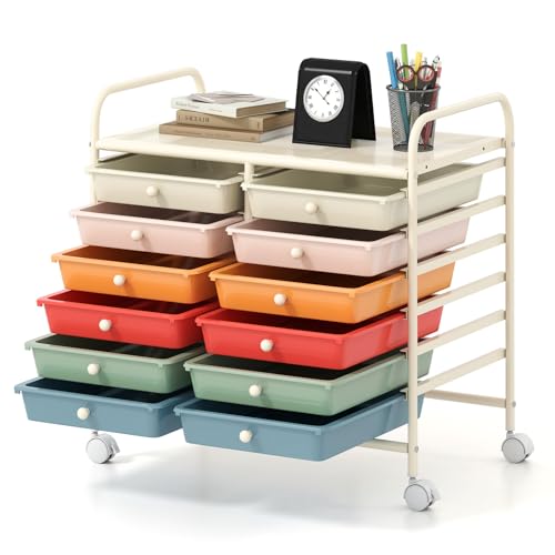 HOMASIS Kommode aus Kunststoff mit Schubladen, Schrank mit Rädern, Wagen mit Metallrahmen für Wohnzimmer, Büro, Arbeitszimmer (Macarons, 64 x 38 x 62 cm) von HOMASIS