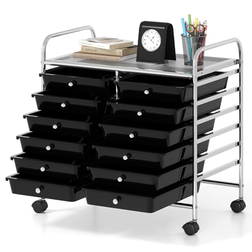 HOMASIS Kommode aus Kunststoff mit Schubladen, Schrank mit Rollen, Wagen mit Metallrahmen für Wohnzimmer, Büro, Arbeitszimmer (Schwarz, 64 x 38 x 62 cm) von HOMASIS