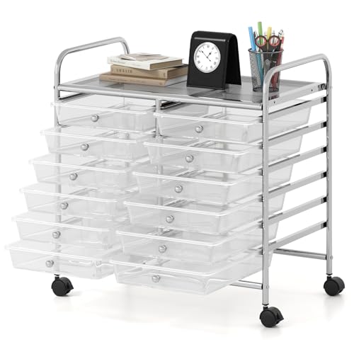 HOMASIS Kommode aus Kunststoff mit Schubladen, Schrank mit Rollen, Wagen mit Metallrahmen für Wohnzimmer, Büro, Arbeitszimmer (Transparent, 64 x 38 x 62 cm) von HOMASIS