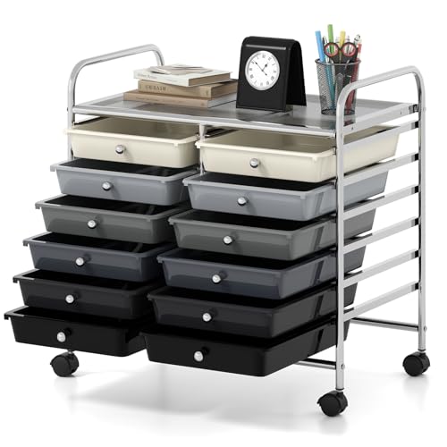 HOMASIS Kommode aus Kunststoff mit Schubladen, Schrank mit Rollen, Wagen mit Metallrahmen für Wohnzimmer, Büro, Arbeitszimmer (schwarze Töne, 64 x 38 x 62 cm) von HOMASIS