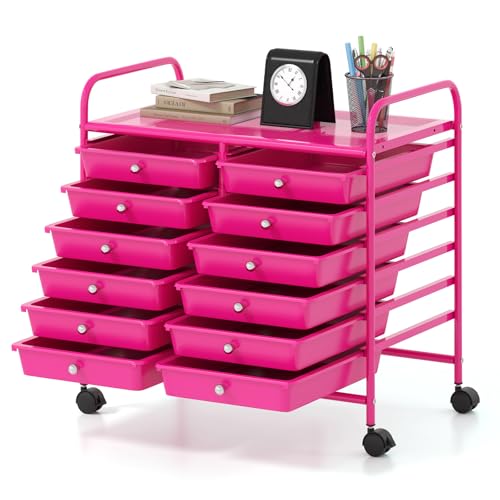 HOMASIS Kommode aus Kunststoff mit Schubladen, Schubladenschrank mit Rollen, Rollwagen Schrank mit Metallrahmen für Wohnzimmer, Büro, Arbeitszimmer (Rosa, 64 x 38 x 62 cm) von HOMASIS