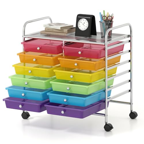 HOMASIS Kommode aus Kunststoff mit Schubladen, Schubladenschrank mit Rollen, Wagen Schrank mit Metallrahmen für Wohnzimmer, Büro, Studio (Modell 2, bunt, 64 x 38 x 62 cm) von HOMASIS