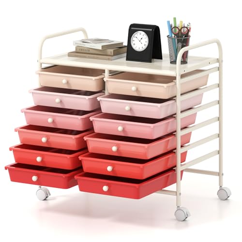 HOMASIS Kommode aus Kunststoff mit Schubladen, Schubladenschrank mit Rollen, Wagen mit Metallrahmen für Wohnzimmer, Büro, Arbeitszimmer (Rosa, 64 x 38 x 62 cm) von HOMASIS
