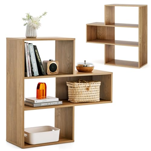 HOMASIS Konvexes Bücherregal, Standregal mit 3 Ebenen, Aufbewahrungsregal aus Holz, Raumteiler Regal mit offenen Ablagen & Kippshutz, Bücherschrank für Wohnzimmer & Büro, Natur (Modell2) von HOMASIS