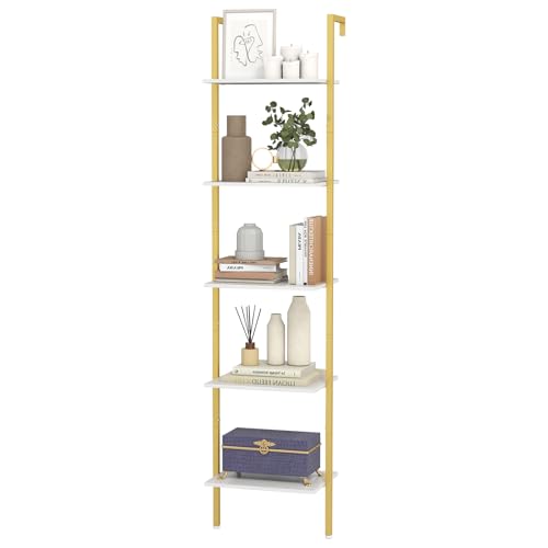 HOMASIS Leiterregal mit 5 Ebenen, Wandregal mit Metallrahmen, Wandmontage Bücherregal, offenes Standregal Büroregal mit Kippschutz, Aufbewahungsregal für Wohnzimmer Büro, Weiß (43 x 30 x 178 cm) von HOMASIS