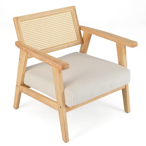 HOMASIS Lounge-Sessel aus Rattan, Holzsessel mit Cordkissen und gepolsterten Armlehnen, Innenstuhl für Schlafzimmer, Wohnzimmer, Natur und Weiß HOMASIS Lounge-Sessel aus Rattan, Holzsessel mit Cordkissen und gepolsterten Armlehnen, Innenstuhl für Schlafzimmer, Wohnzimmer, Natur und Weiß von HOMASIS