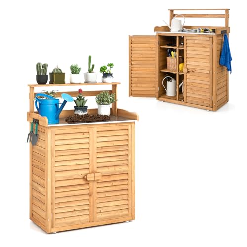 HOMASIS Pflanztisch aus Holz, Gartentisch mit Schrank & Arbeitsplatte, Arbeitstisch mit abnehmbarem Regal & 3 Haken, Blumentisch Outdoor wetterfest, für Terrasse Garten Balkon, 87x45x120cm, Natur HOMASIS Pflanztisch aus Holz, Gartentisch mit Schrank & Arbeitsplatte, Arbeitstisch mit abnehmbarem Regal & 3 Haken, Blumentisch Outdoor wetterfest, für Terrasse Garten Balkon, 87x45x120cm, Natur von HOMASIS