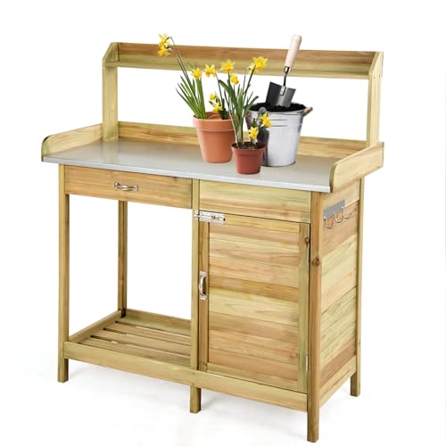 HOMASIS Pflanztisch mit verzinkter Arbeitsplatte, Gartentisch mit Schubladen & Unterschrank & 3 Haken, Blumentisch Massivholz, Gärtnertisch Holzpflanztisch Wetterfest, Arbeitstisch 112x46x125cm, Natur von HOMASIS