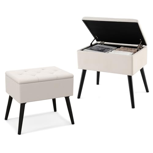 HOMASIS Rechteckiger Schminktischhocker aus Samt mit gepolstertem Sitz, klappbar, Fußstütze mit Holzbeinen, klappbarer Deckel für Eingang, Schlafzimmer, Wohnzimmer (Beige) von HOMASIS