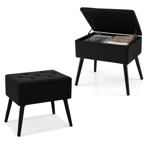 HOMASIS Rechteckiger Schminktischhocker aus Samt mit gepolstertem Sitz, klappbar, Fußstütze mit Holzbeinen, klappbarer Deckel für Eingang, Schlafzimmer, Wohnzimmer (schwarz) von HOMASIS