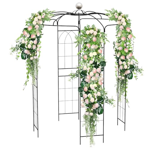 HOMASIS Rosenpavillon Metall, Rosenbogen Gartenbogen mit Haken & Dach, Gartenlaube Rankgitter Rankhilfe für Kletterpflanzen, Gartenpavillon Pergola für Garten Hochzeit (206x206x286cm, Schwarz) von HOMASIS