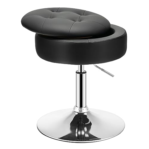 HOMASIS Runder Sitzhocker Schminkhocker mit Stauraum, höhenverstellbarer Ottomane 51-66 cm, 360° drehbarer Stuhl Arbeitshocker, Bürohocker Drehhocker aus PU mit Polsterung (Black) von HOMASIS