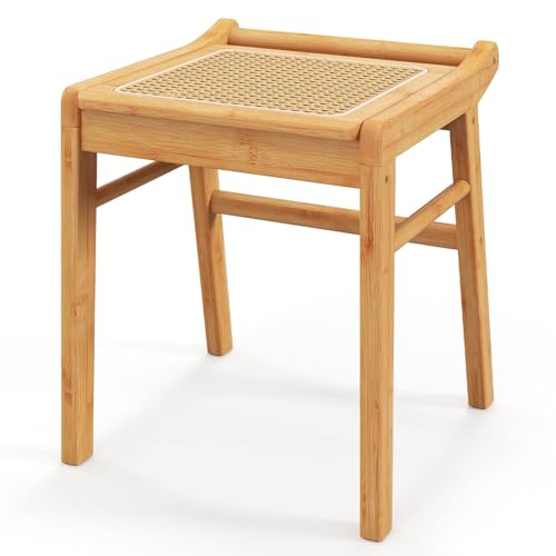 HOMASIS Schminkhocker aus Bambus, Sitzbank mit Sitz aus Bambus und Rattan, Tragfähigkeit bis 120 kg, kleiner Kosmetikstuhl für Schminktisch, Wohnzimmer, Schlafzimmer, 38 x 40 x 43 cm, TF11088XKES von HOMASIS