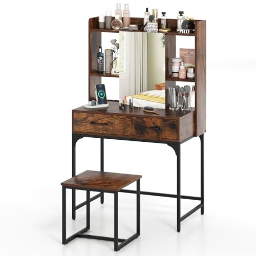 HOMASIS Schminktisch mit Hocker, Schminktisch mit aufklappbarem Spiegel und Ladestation, verstellbaren Füßen und Kippsicherung, Spiegel für Schlafzimmer (braun) von HOMASIS