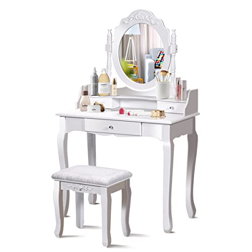HOMASIS Schminktisch mit Hocker Set, Frisiertisch mit 360° drehbarem Spiegel abnehmbar, gepolsterter Schminkstuhl, Kosmetiktisch mit Schubladen für Schlafzimmer & Wohnzimmer, Weiß (3 Schubladen) von HOMASIS