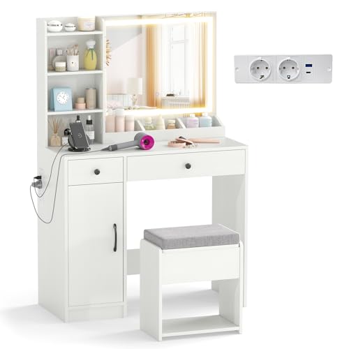 HOMASIS Schminktisch mit Hocker und Beleuchtung auf drei Ebenen, Schminktisch mit 3 offenen Regalen, 3 getrennten Fächern, 2 Schubladen, Schrank und Fönhalter, 90 x 40 x 135 cm HOMASIS Schminktisch mit Hocker und Beleuchtung auf drei Ebenen, Schminktisch mit 3 offenen Regalen, 3 getrennten Fächern, 2 Schubladen, Schrank und Fönhalter, 90 x 40 x 135 cm von HOMASIS