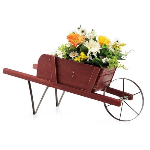 HOMASIS Blumenwagen Pflanzwagen mit 2 Griffen & Metallrad, Blumenkarre Holz, Blumentopf mit 9 magnetisch Zubehörteilen, Garten Deko, dekorativ Pflanzschubkarre für Innen & Außen, belastbar 5kg (Rot) von HOMASIS