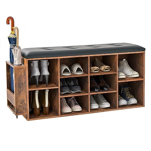 HOMASIS Schuhbank mit 2 Schirmständer, Schuhschrank mit Sitzkissen, Schuhregal mit 10 Fächern, Sitzbank aus Holz fur Flur, Garderobe, Wohnzimmer, Industrie Design, 110 x 30 x 52 cm, Braun von HOMASIS
