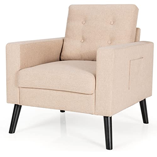 HOMASIS Sessel mit 2 Seitentaschen, Relaxsessel mit Rückenlehne & Armlehnen, Polstersessel mit Massivholzbeinen, Einzelsofa Fernsehsessel für Wohnzimmer, Schlafzimmer, Büro, 67 x 81 x 86 cm (Beige) von HOMASIS