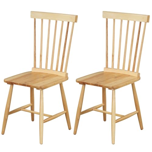 HOMASIS Set mit 2 Esszimmerstühlen, Küchenhocker im Windsor-Stil aus Holz, Küchenstühle mit hoher Rückenlehne und Fußstütze, Schminktisch bis 180 kg, 47 x 52,5 x 96,5 cm (Natur), TF11291XKES von HOMASIS