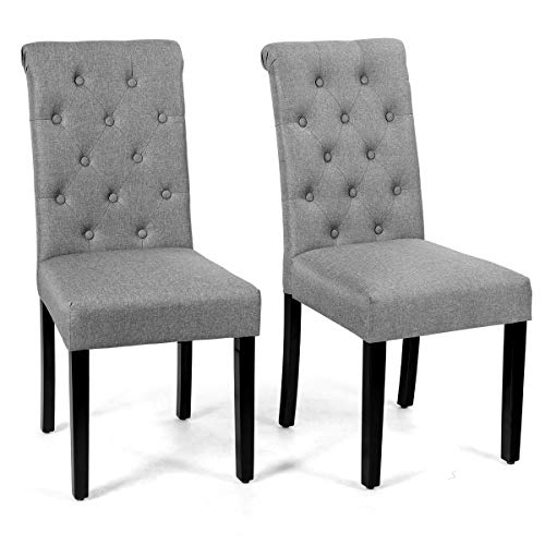 HOMASIS Set mit 2 Esszimmerstühlen mit Knöpfen, gepolsterter Stuhl mit hoher Rückenlehne, Holzbeine und atmungsaktiver Leinenstoff für Esszimmer, Küche (grau) von HOMASIS
