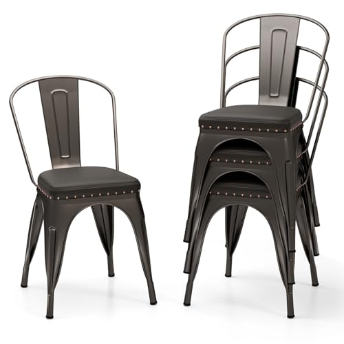 HOMASIS Set mit 4 stapelbaren Esszimmerstühlen, Küchenstuhl im Industriestil mit Metallrahmen, abnehmbare Rückenlehne, gepolstertes Sitzkissen für Café, Bistro, Belastung 150 kg (grau) von HOMASIS