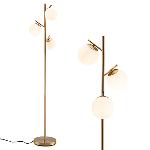 HOMASIS Stehlampe mit 3 Glaslampenschirm, Stehleuchte mit E27-Glühlampensockel & Fußschalter, Standlampe Bodenlampe mit Metallhalterung, Standleuchte Leselampe für Wohnzimmer & Schlafzimmer Golden von HOMASIS