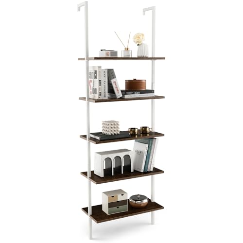 HOMASIS Bücherregal mit 5 Ebenen, hohes Leiterregal Treppenregal Wandregal mit Metallrahmen zur Wandmontage, modernes offenes Standregal Lagerregale für Heimbüro, Wohnzimmer, 60x30x180cm (Braun) von HOMASIS