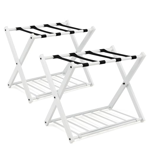 HOMASIS klappbar Kofferständer Kofferablage, 2 Ebenen Kofferhocker, Kofferbock aus Metall, Gepäckablage für Koffer & Schuhe, Kofferhalter für Hotelzimmer Flur & Wohnzimmer, 68x43x56cm (2, Weiß) von HOMASIS