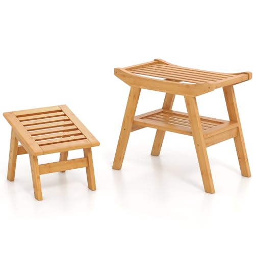 Homasis Duschbank-Set aus Bambus mit Aufbewahrungsregal, Bad-Duschhocker mit rutschfesten Füßen, Tragfähigkeit 150 kg, für Erwachsene, ältere Frauen, ältere Menschen, drinnen Homasis Duschbank-Set aus Bambus mit Aufbewahrungsregal, Bad-Duschhocker mit rutschfesten Füßen, Tragfähigkeit 150 kg, für Erwachsene, ältere Frauen, ältere Menschen, drinnen von HOMASIS