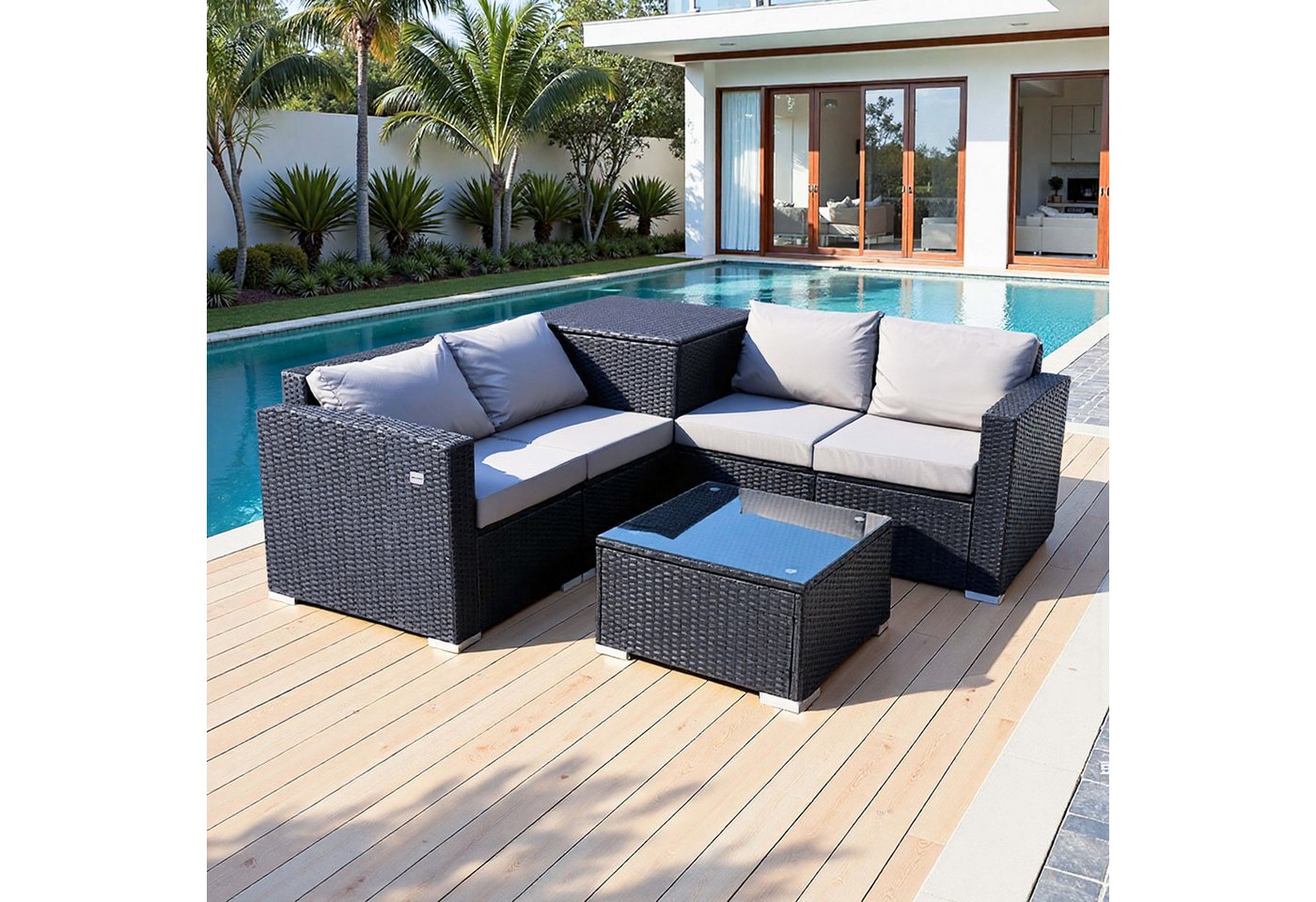 HOMAVO Gartenlounge-Set mit Beistelltisch, Aufbewahrungsbox & Abdeckung, (Set, 7-tlg, Gartenmöbel set 4 Personen), 8 cm Dicke Sitzkissen und Rückenkissen von HOMAVO
