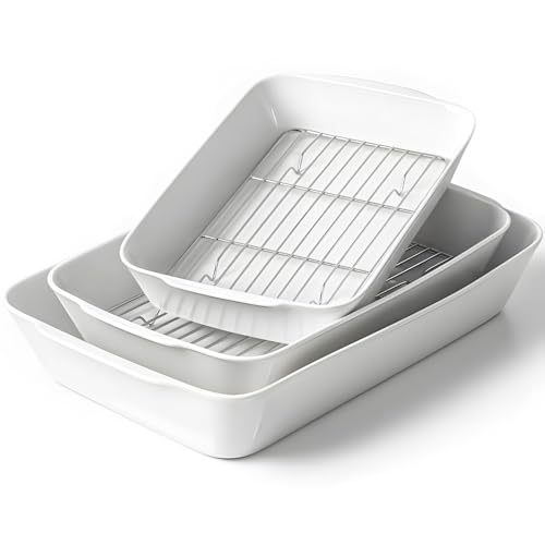 HOMBENE Auflaufformen für den Ofen, Keramik-Backformen, 3er-Set, mit Bratrosten, rechteckige Lasagnepfanne mit Griffen zum Backen, Geschenk, Abendessen, mikrowellengeeignet (2QT/3QT/4,2QT) von HOMBENE DINNERWARE NOT ONLY FOR DINNER