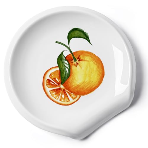 Orange Löffelablage, Bauernhaus-Dekor, Keramik, weiße Löffelablage für Herdplatte, Löffelhalter für Küchentheke, 14 cm von HOMBENE DINNERWARE NOT ONLY FOR DINNER