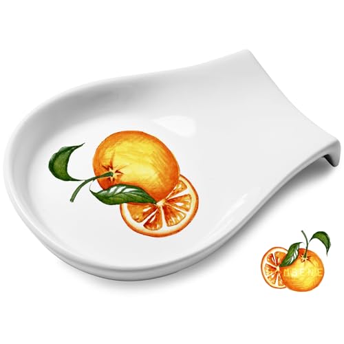 Orange Löffelablage, Keramik, weiße Löffelablage für Herdplatte, Löffelhalter für Küchentheke, Bauernhaus-Dekoration, 14 cm von HOMBENE DINNERWARE NOT ONLY FOR DINNER