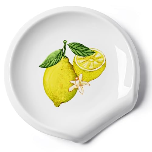 Rouond Zitronen-Löffelablage, weiße Keramik-Löffelablage für Herdplatte, Löffelhalter für Küchentheke, Zitronen-Dekor, 14 cm von HOMBENE DINNERWARE NOT ONLY FOR DINNER
