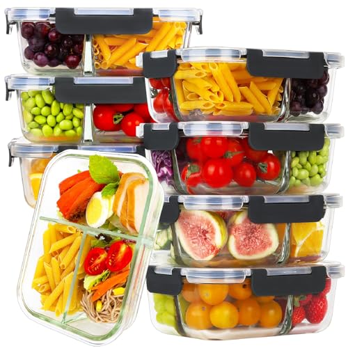HOMBERKING Frischhaltedosen aus Glas mit 3 Fächern, 1020 ml, luftdichte Lunch-Bento-Boxen, BPA-frei und auslaufsicher (8 Deckel und 8 Behälter), Schwarz, 8 Stück von HOMBERKING